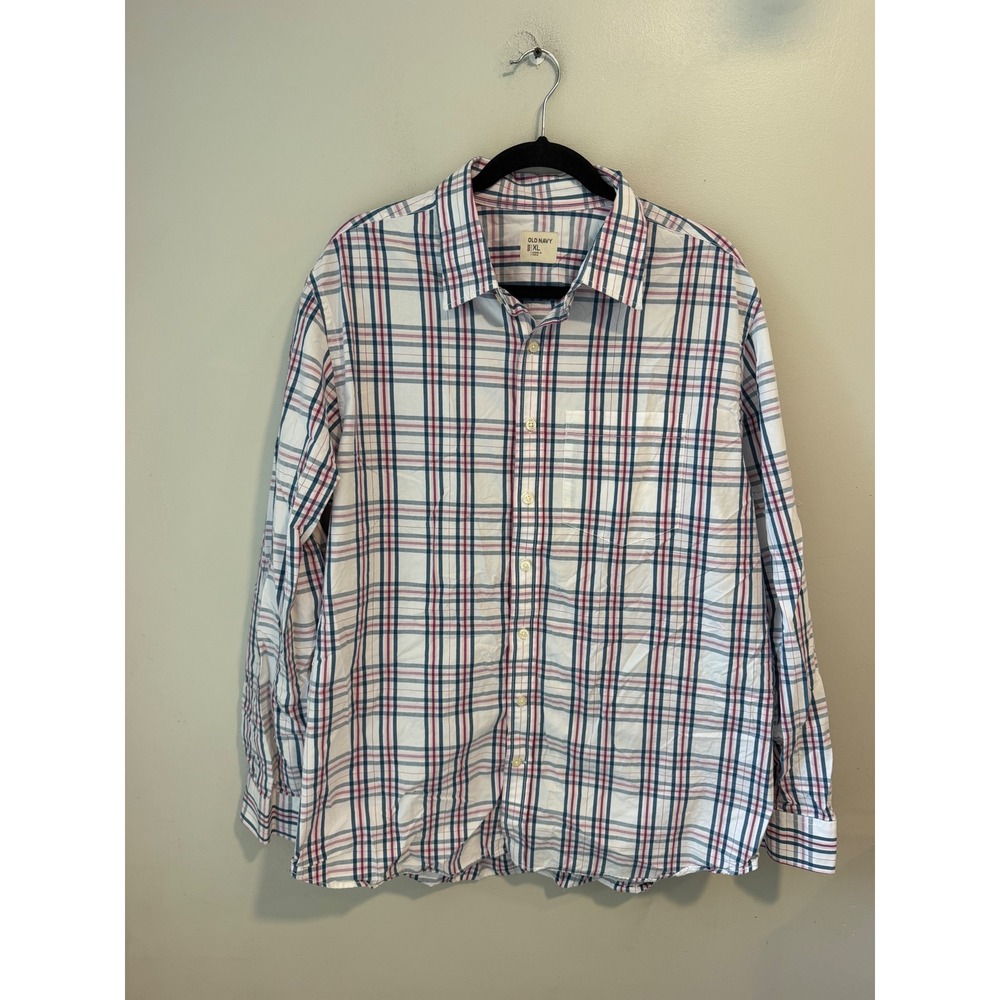 Old Navy Mens XL Plaid Button Down Shirt Long Sleeve Cotton White Blue Red 2986